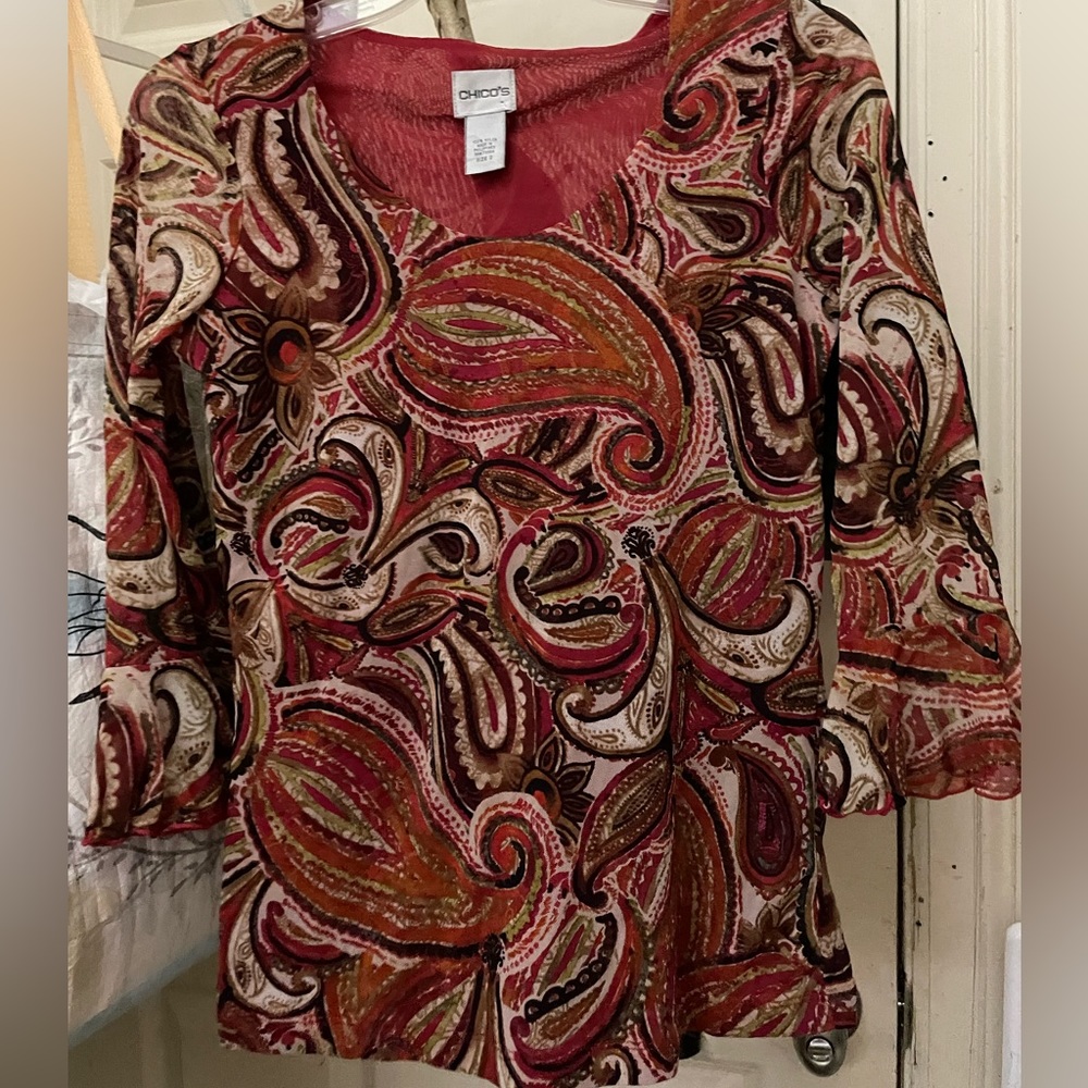 Chicos printed 3/4 ruffle trim sleeves nwot